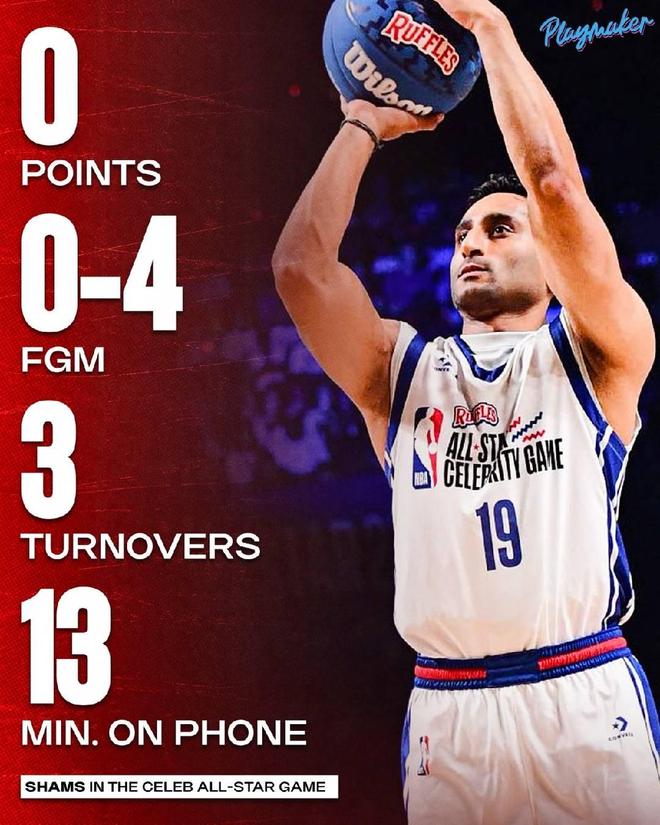 還是忘不了本行，Shams名人賽數據：4投0中3失誤，看手機13分鐘